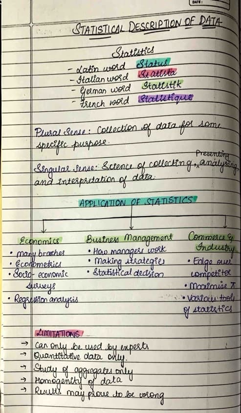 First page of Statistical description of data handwritten detailed notes