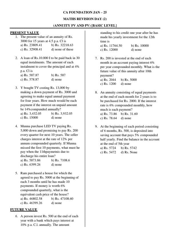 First page of Mathematics of finance Annuity MCQs