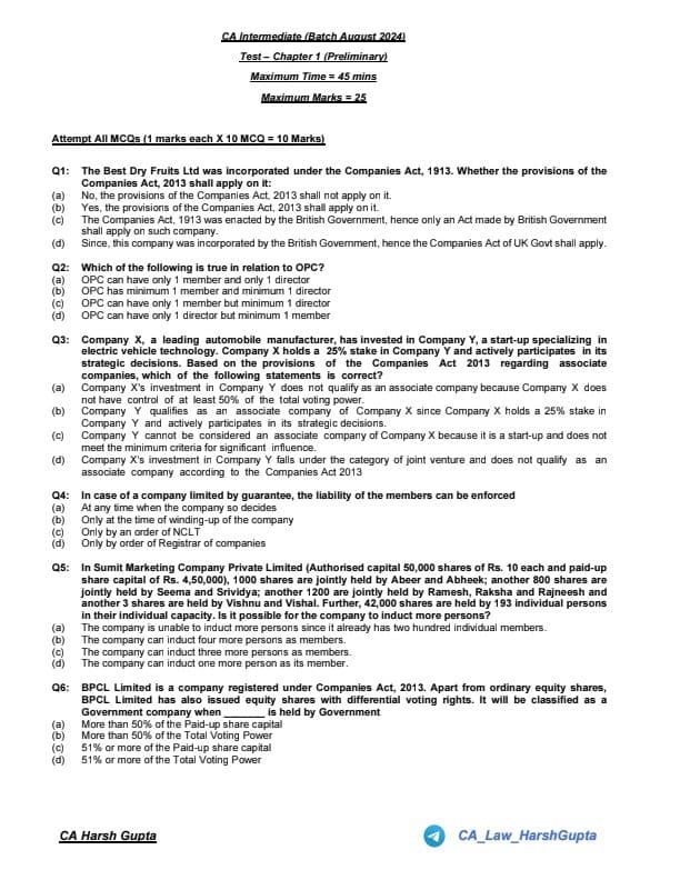 First page of CA Inter Law Chapter wise Test Jan 25 Chp 1 Preliminary This Questions Help You to Revise Chapter wise & MCQ Join me friends if you need anything