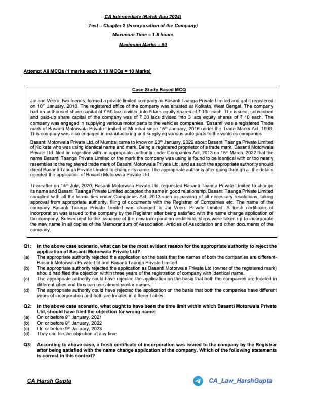 First page of CA Inter Law Chapter wise Test Jan 25 Chp 2 Incorporation Of Company This Questions Help You to Revise Chapter wise & MCQ Join me friends if you need anything