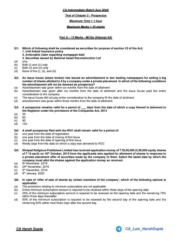 First page of CA Inter Law Chapter wise Test Jan 25 Chp 3 Prospects This Questions Help You to Revise Chapter wise & MCQ Join me friends if you need anything