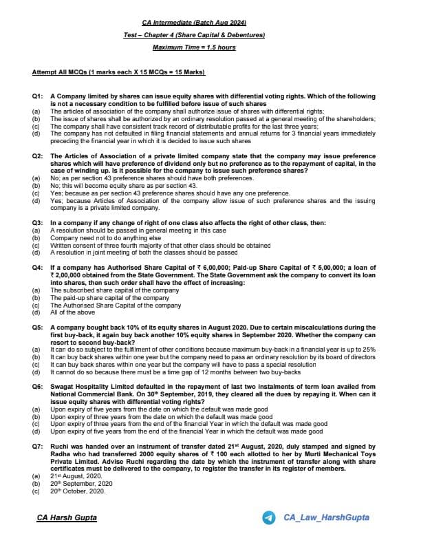 First page of CA Inter Law Chapter wise Test Jan 25 Chp 4 Share Capital This Questions Help You to Revise Chapter wise & MCQ Join me friends if you need anything