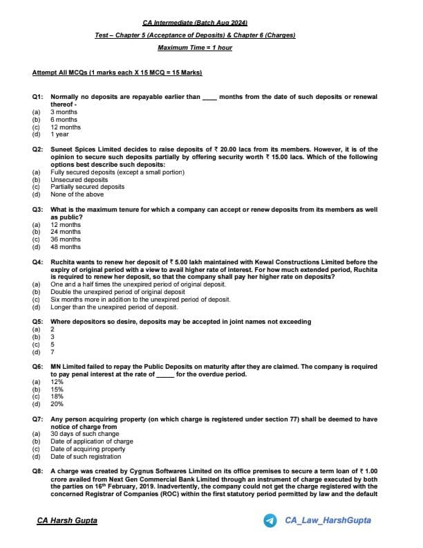 First page of CA Inter Law Chapter wise Test Jan 25 Chp 5 & 6 Deposit & Charges This Questions Help You to Revise Chapter wise & MCQ Join me friends if you need anything