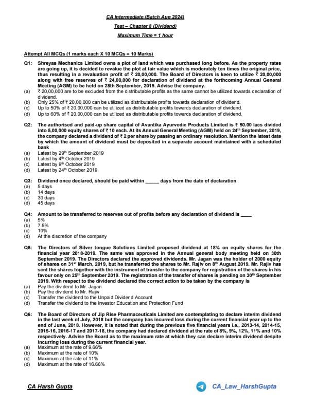 First page of CA Inter Law Chapter wise Test Jan 25 Chp 8 Dividend This Questions Help You to Revise Chapter wise & MCQ Join me friends if you need anything