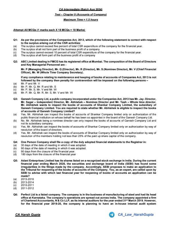First page of CA Inter Law Chapter wise Test Jan 25 Chp 9 Accounts Of Companies This Questions Help You to Revise Chapter wise & MCQ Join me friends if you need anything
