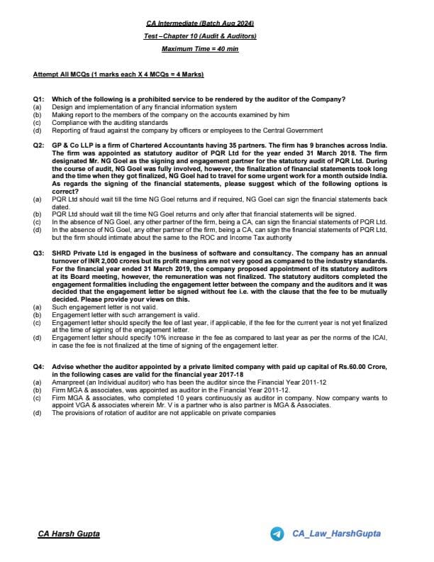 First page of CA Inter Law Chapter wise Test Jan 25 Chp 10 Audit & Auditors This Questions Help You to Revise Chapter wise & MCQ Join me friends if you need anything