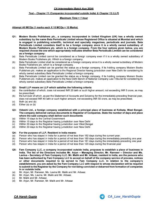 First page of CA Inter Law Chapter wise Test Jan 25 Chp 11 CIOI & LLP This Questions Help You to Revise Chapter wise & MCQ Join me friends if you need anything