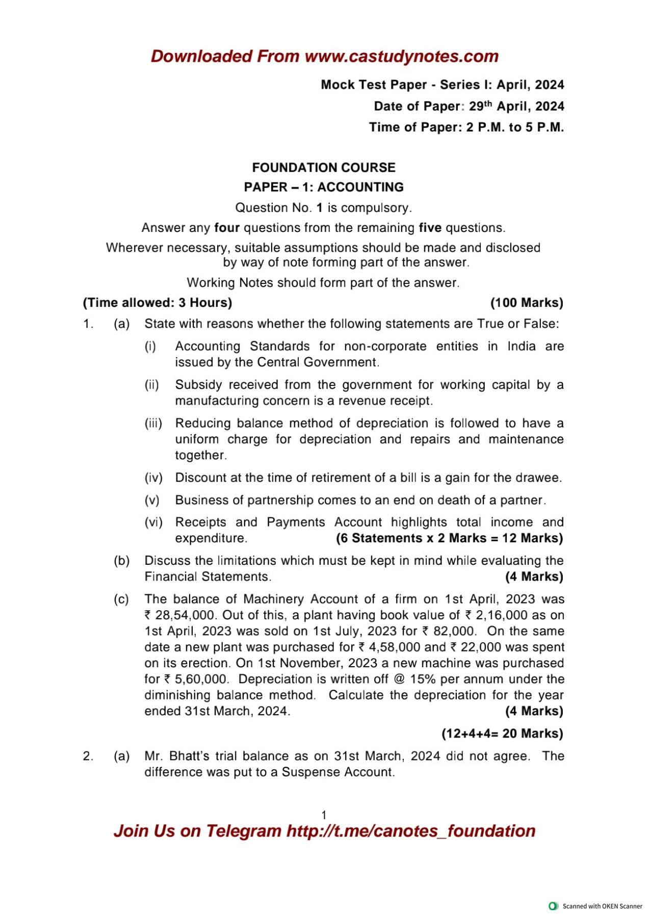 First page of Account practice questions