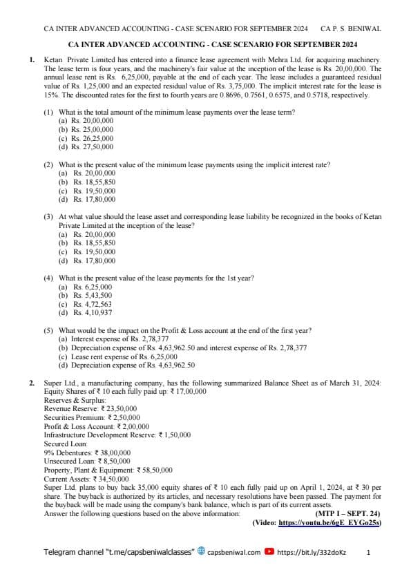 First page of Advanced Accounting Case Study Based MCQ 'S