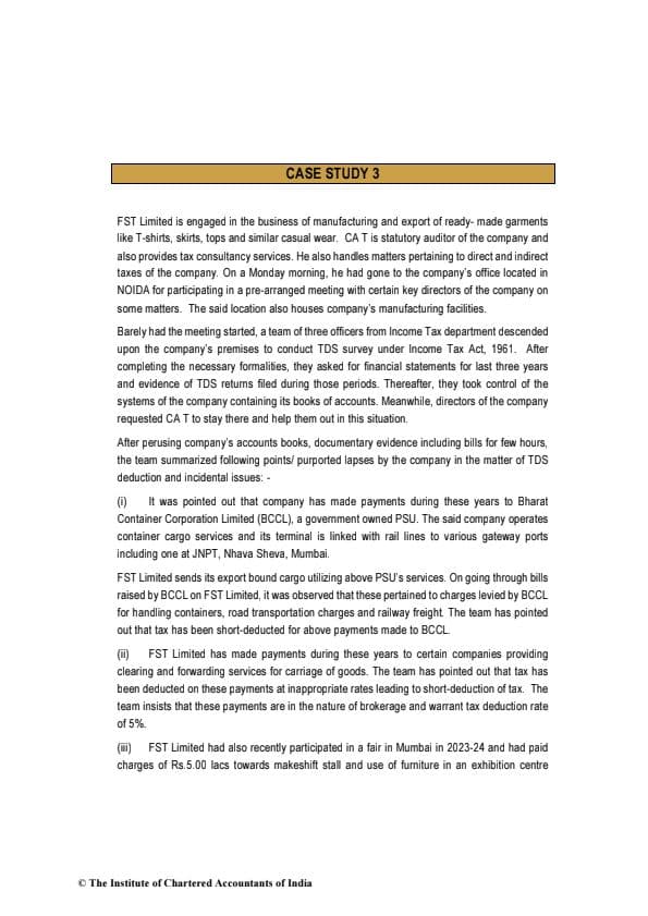 First page of Case Study 3 For Practice By ICAI