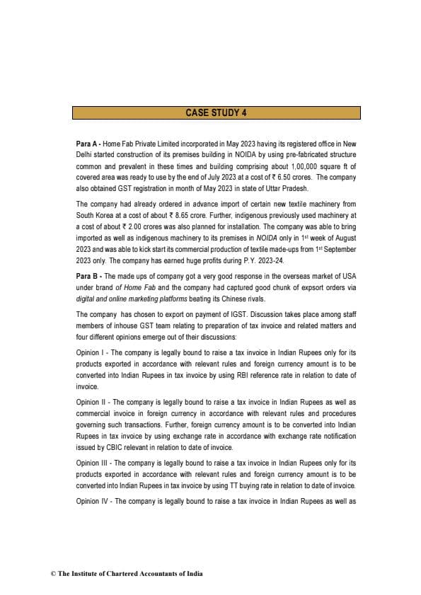 First page of Case Study 4 For Practice By ICAI