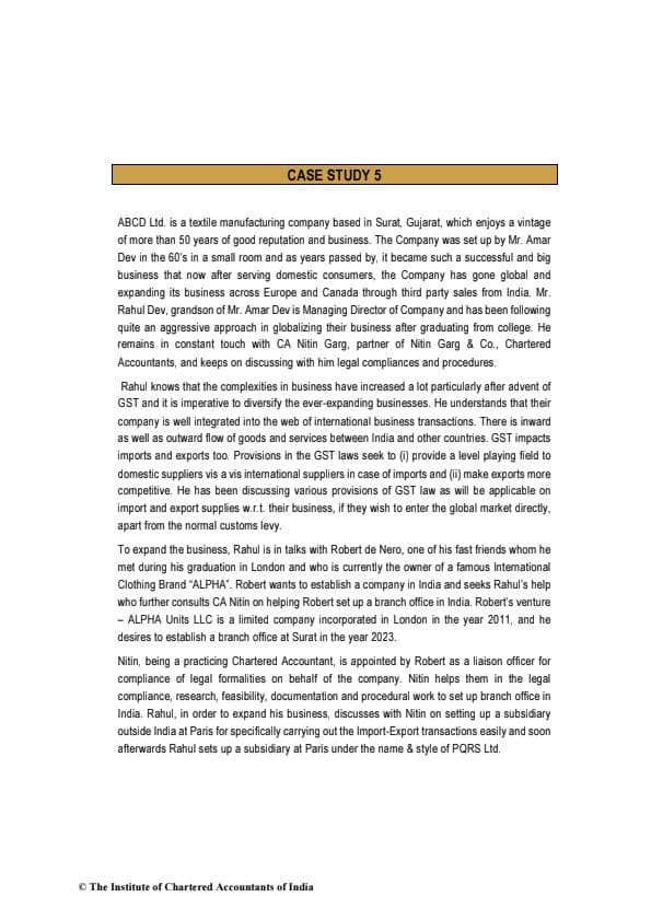 First page of Case Study 5 For Practice By ICAI