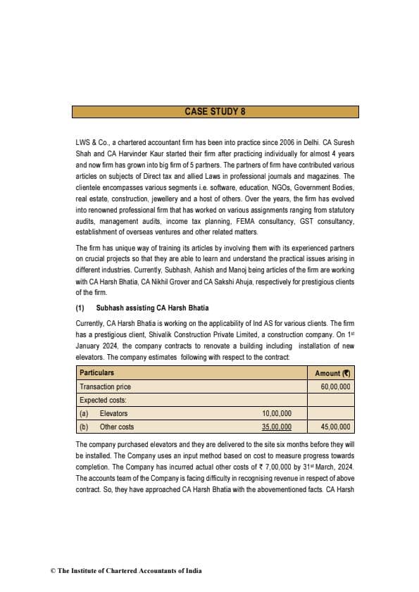 First page of Case Study 8 For Practice By ICAI