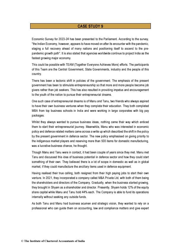 First page of Case Study 9 For Practice By ICAI