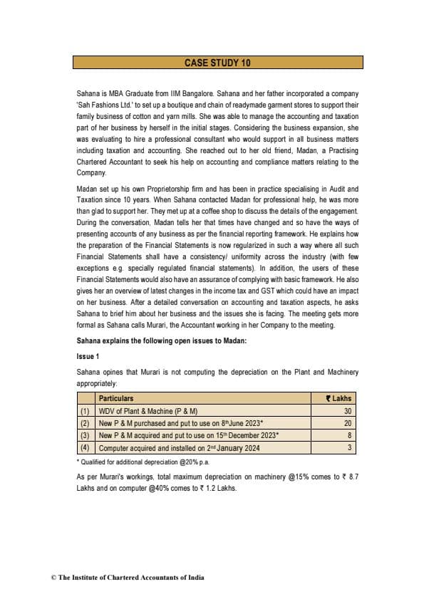 First page of Case Study 10 For Practice By ICAI