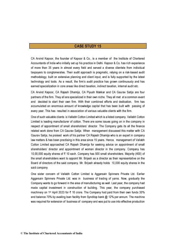 First page of Case Study 15 For Practice By ICAI