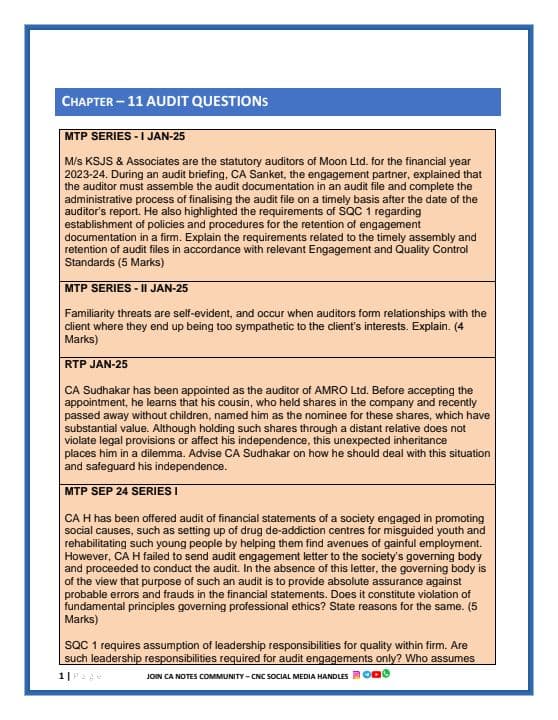First page of What we covered MTP SERIES - I & II ( JAN 25, SEP 24, MAY 24) RTP ( JAN 25, SEP 24, MAY 24) PYQ (SEP 24, MAY 24) WEIGHTAGE OF CH-11 AUDIT ( 8-10 MARKS INCLUDING MCQ) Send ur answer at by 9 PM Tomorrow canotescommunity@gmail.com Best presentation will be rewarded with ₹ 51/-