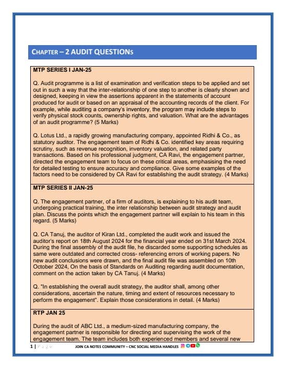 First page of What we covered MTP SERIES - I & II ( JAN 25, SEP 24, MAY 24) RTP ( JAN 25, SEP 24, MAY 24) PYQ (SEP 24, MAY 24) WEIGHTAGE OF CH-2 AUDIT ( 8-10 MARKS INCLUDING MCQ) Send ur answer at by 11:59 PM Tomorrow canotescommunity@gmail.com Best presentation will be rewarded with ₹ 51/-