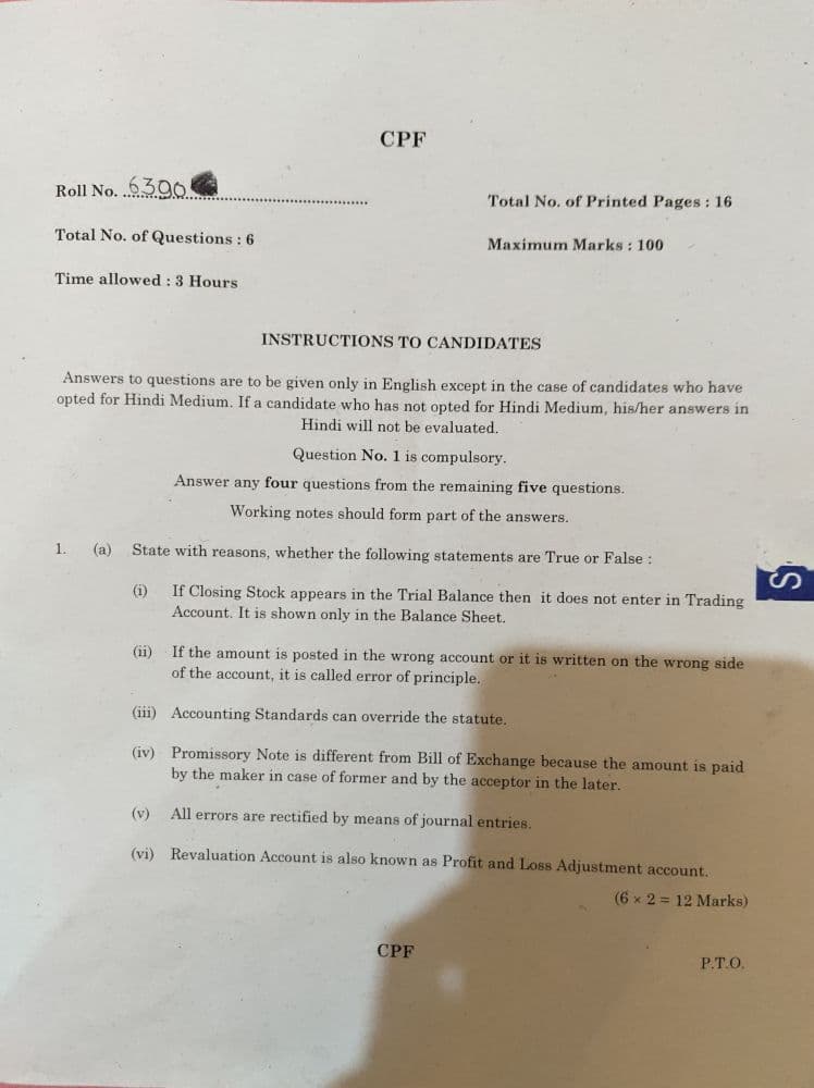 First page of June 2024 accountancy pyq