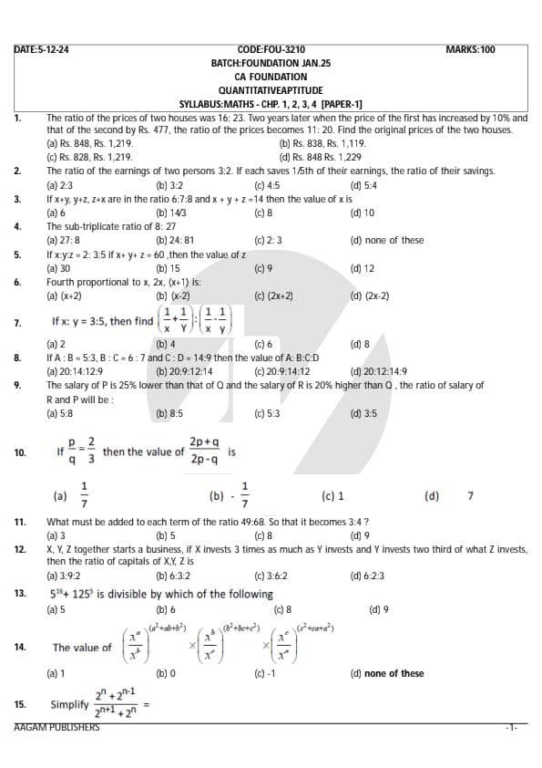 First page of Qa in mathematics super dupar blockbuster MCQ test