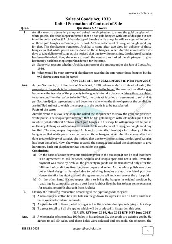 First page of Sale Of Goods Act ,1930 questions by grooming education