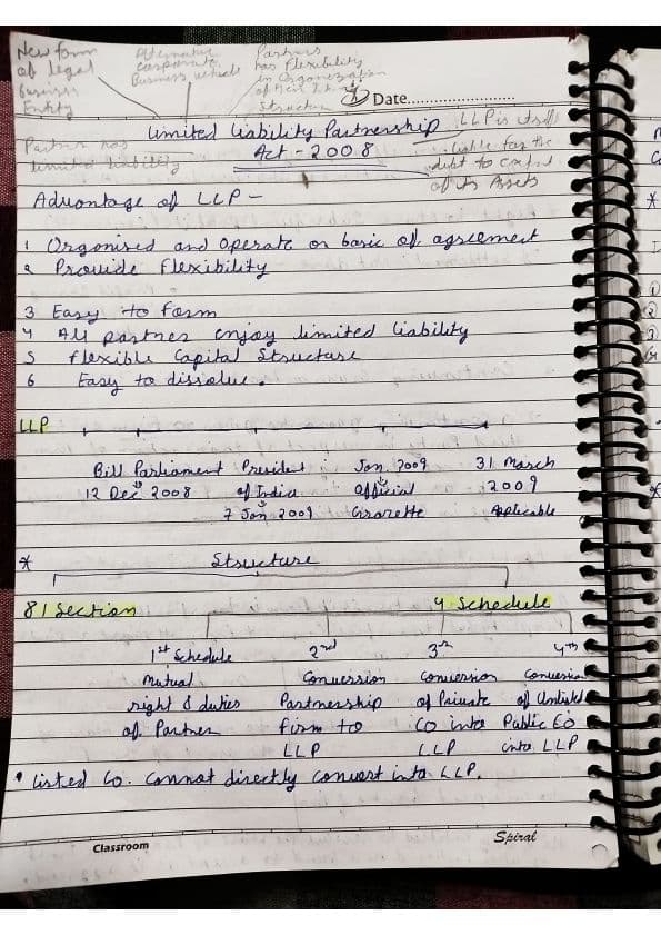 First page of Quick notes of LLP act