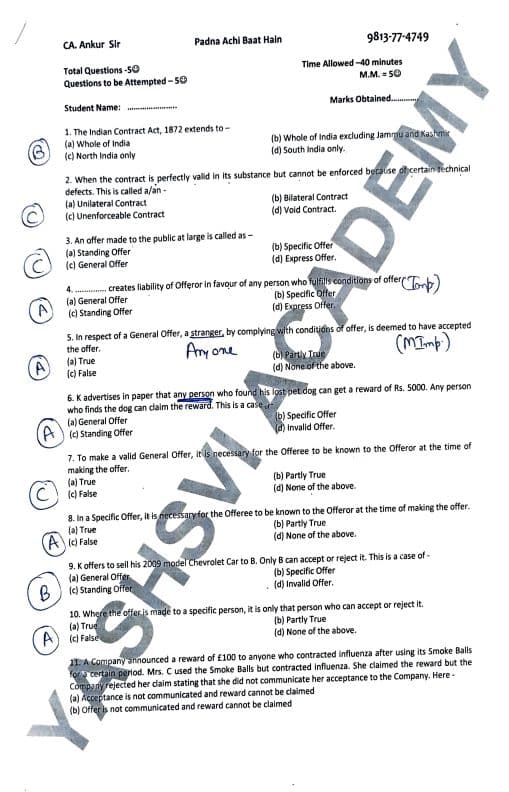 First page of Ca foundation. BUSINESS LAWS (, chapter -2 ICA 1872) MCQ for revision