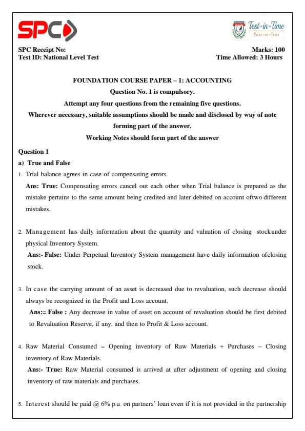 First page of Accounting test series paper answers