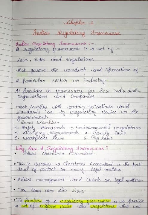 First page of Indian Regulatory Framework Hand written notes