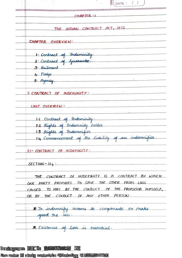 First page of indian contact act, contact of indemnity