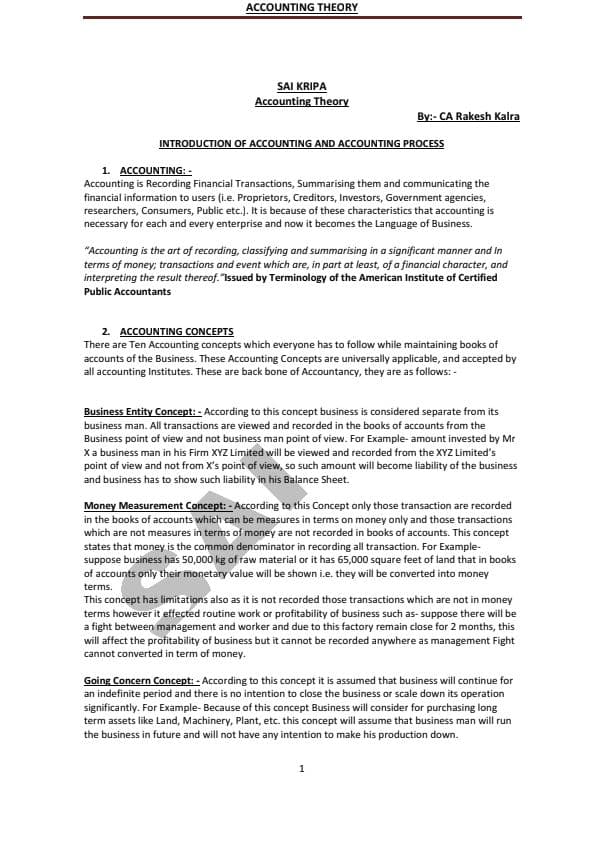 First page of Accounting all theory with a quick summary