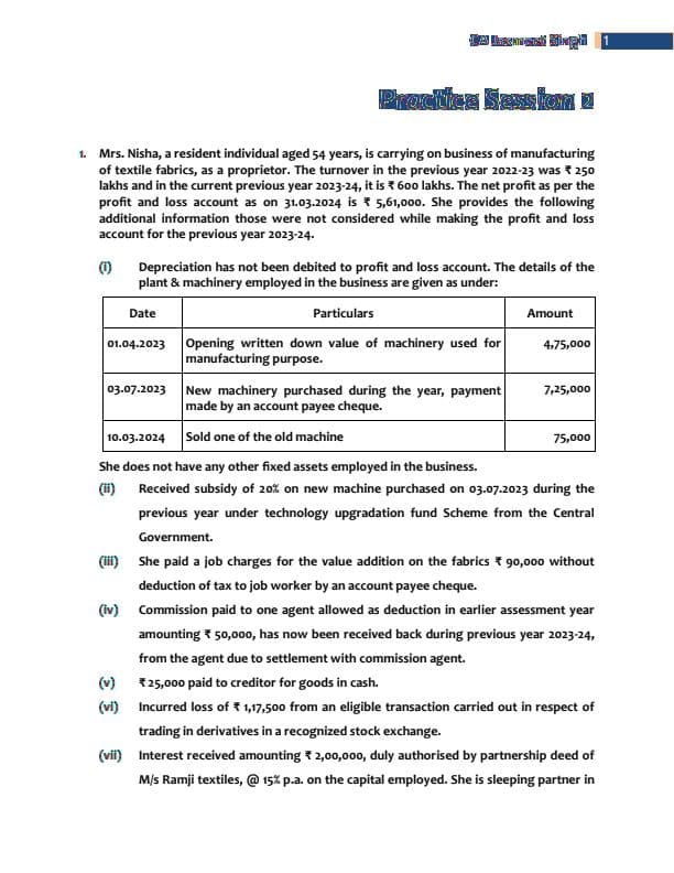 First page of Taxation Practice Question By CA Jasmeet Singh Sir [ Part 2 ]