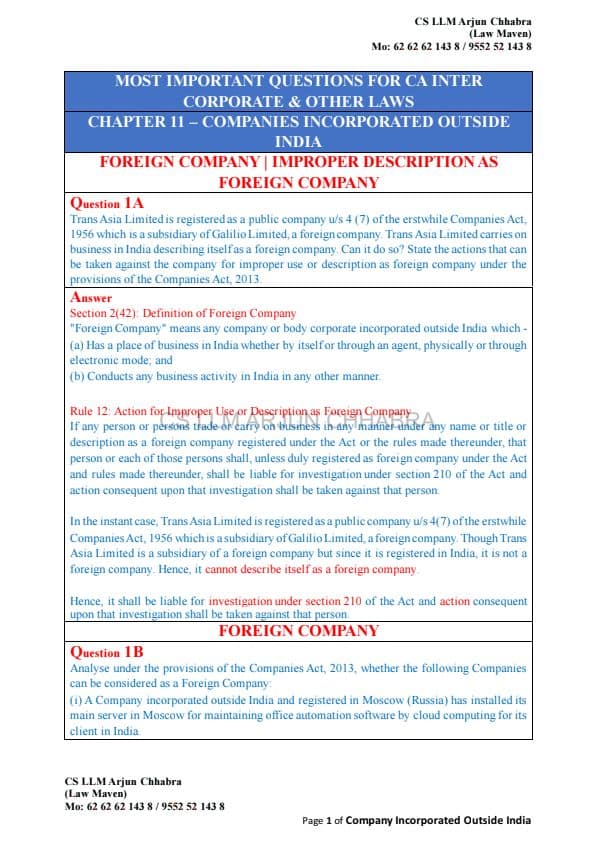 First page of Other Law, CIOI, LLP Question Bank For Jan 25 By CS Arjun Chhabra Sir