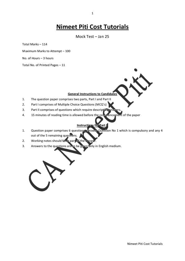 First page of Costing Test
