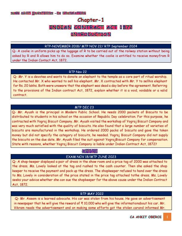 First page of CASE STUDY SERIES BOOSTER OF All RTP , MTP. PYQ. OF BUSINESS LAW