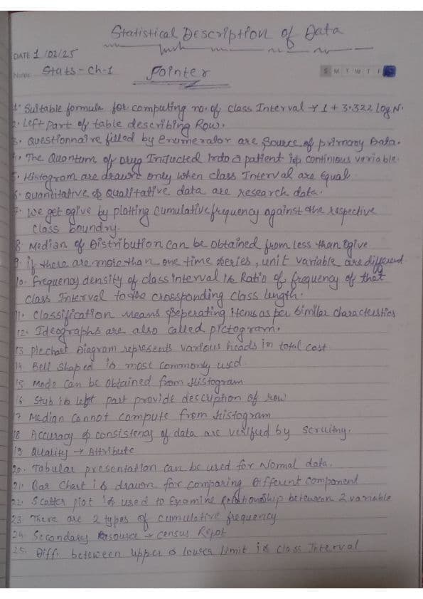 First page of Statistical description of data -pointer