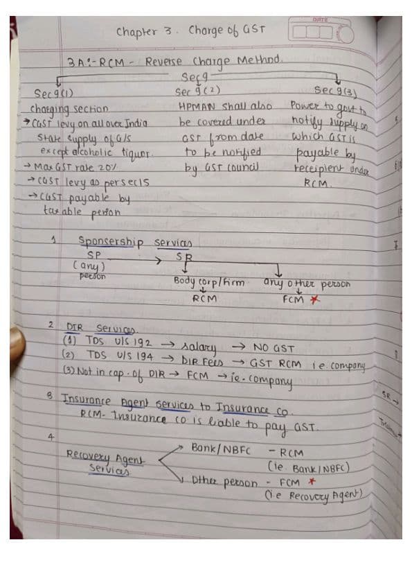 First page of Indirect tax GST Chp 3 RCM Handwritten notes may 25 onwards Follow for more...