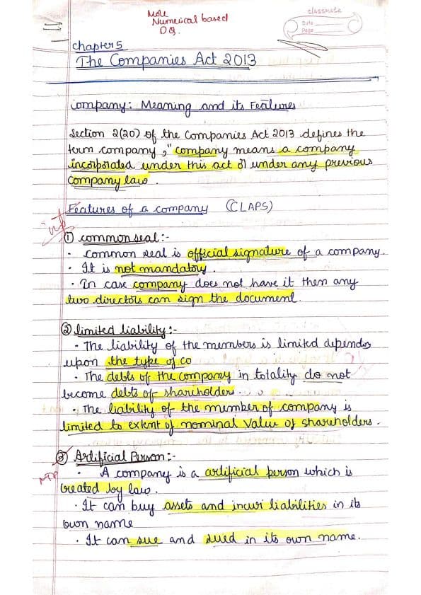 First page of Handwritten notes of companies act 2013 Applicable for May 2025 onwards