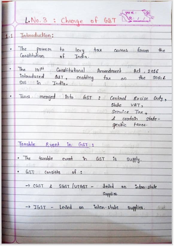 First page of Chapter: 3 Charge Of GST Handwritten and summarise notes (Part 1)