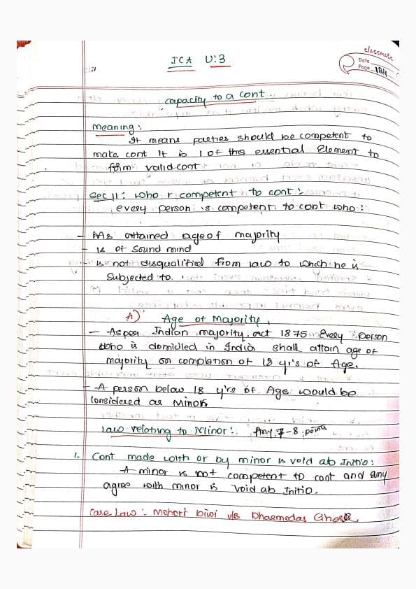 First page of Indian contact act 1872, U-3- capacity to a contract, last day revision handwritten notes, # summary notes , applicable to may 25,sep25,jan 26