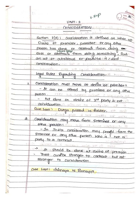 First page of Indian contact act 1872,U-2- consideration summary last day revision handwritten notes.applicable for May 25 , Sep25,Jan26