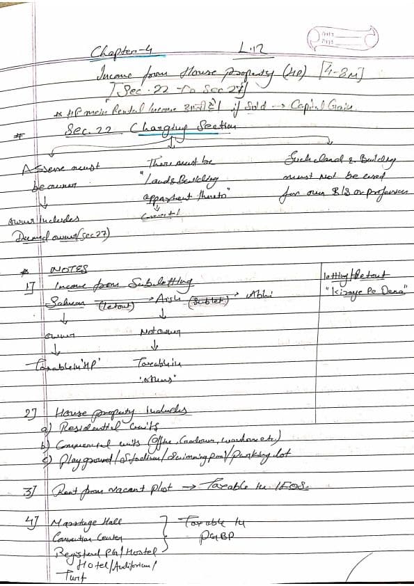 First page of DT House property (HP) Handwritten notes, Classes by Vijay sarda sir
