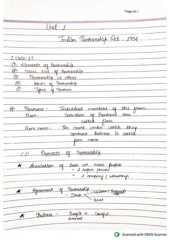 First page of UNIT-1 INDIAN PARTNERSHIP ACT,1932 HANDWRITTEN NOTES (MAY 2025,SEP2025) SHORT NOTES FOR EXAMINATION