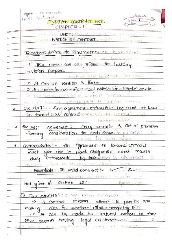 First page of Indian contract act 1872,(U-1) Nature of contract #summary notes for last day revision