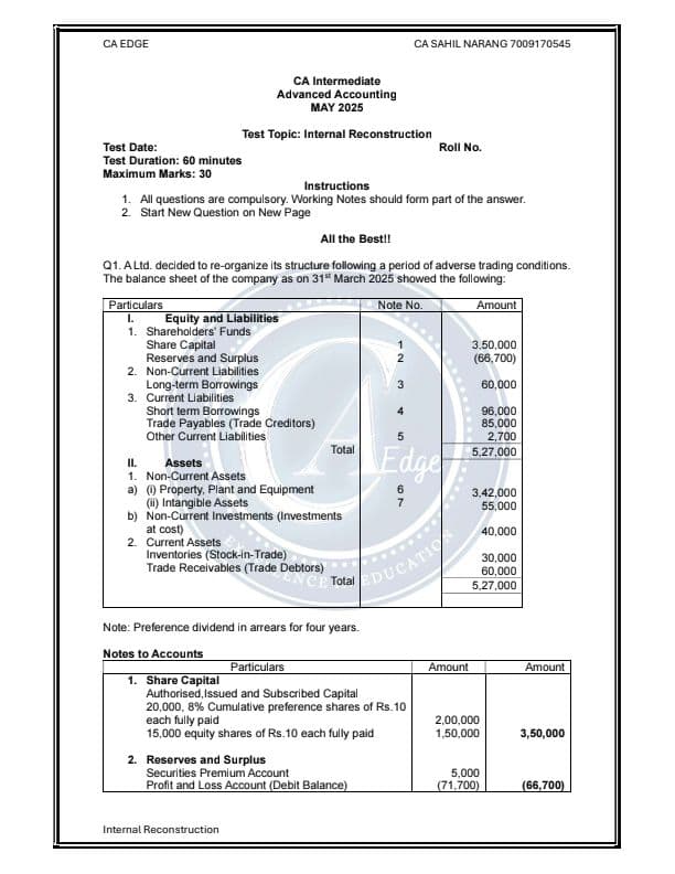 First page of Internal Reconstruction Test Question Paper for practice Solutions will be uploaded soon