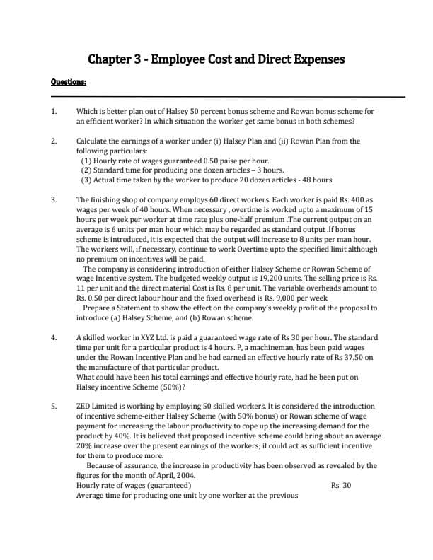 First page of CA Inter Costing Chapter 3 Employee Cost Practice questions with answers