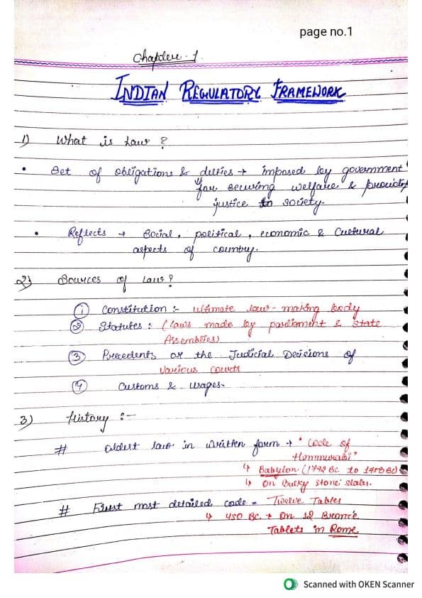 First page of CHAPTER-1 INDIAN REGULATORY FRAMEWORK HANDWRITTEN NOTES (MAY2025/SEP2025)