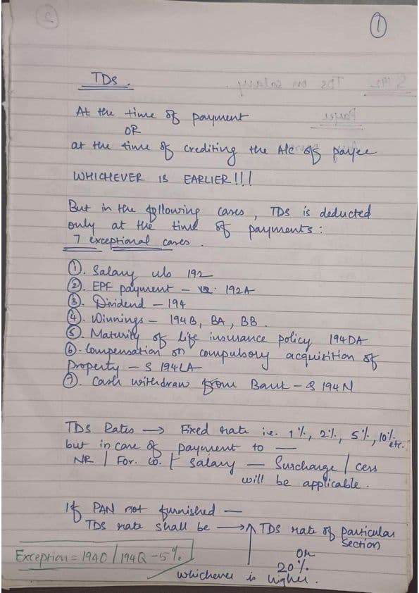 First page of Taxation : TDS (AMENDED NOTES) for MAY 2025 & SEPT 2025!!!!! HANDWRITTEN NOTES...