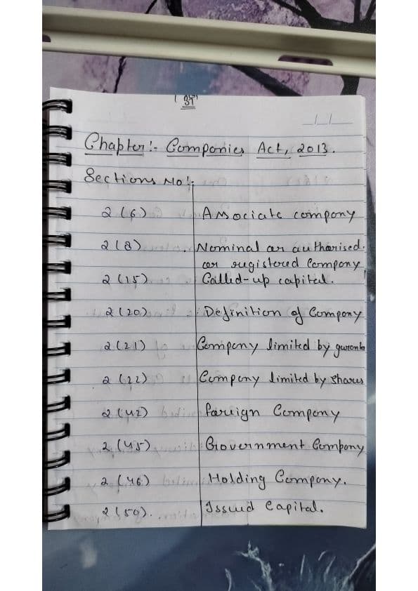 First page of CA foundation handwritten important sections of companies act 2013