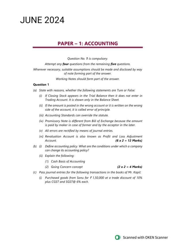 First page of Accounts june, sep 2024 pyq solution